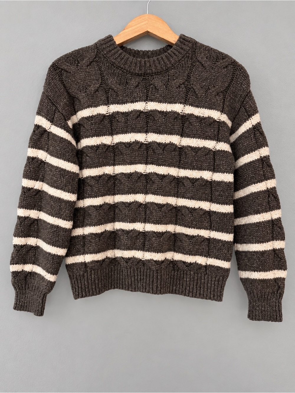 LC Lauren Conrad XS Brown Cream Striped Cable Knit Crewneck Sweater Pullover